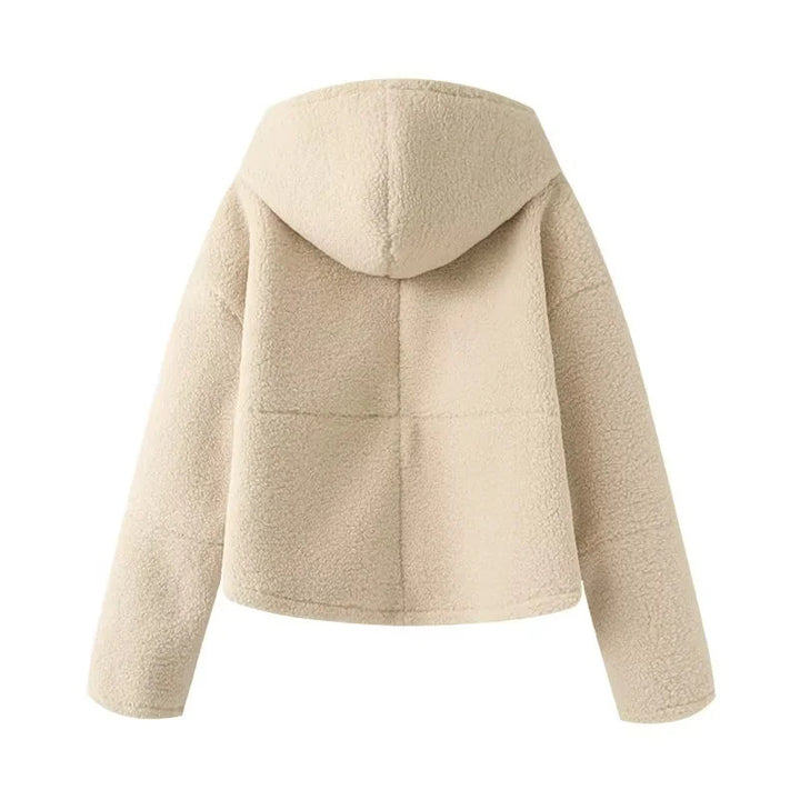 Damen nan kurze Teddy-Fleece Kapuzenjacke mit Reißverschluss und großen Fronttaschen Drune