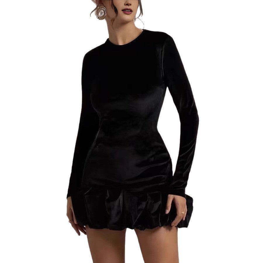Damen Figurbetontes Cocktail-Minikleid aus Samt mit Volantkante und Langarm Drune