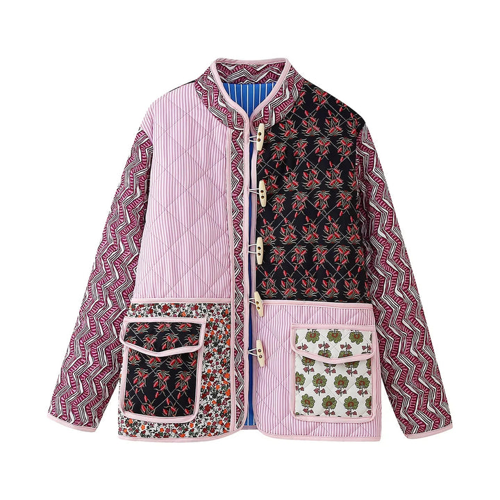 Damen gesteppte Patchwork-Jacke mit großen Taschen und dekorativen Mustern Drune