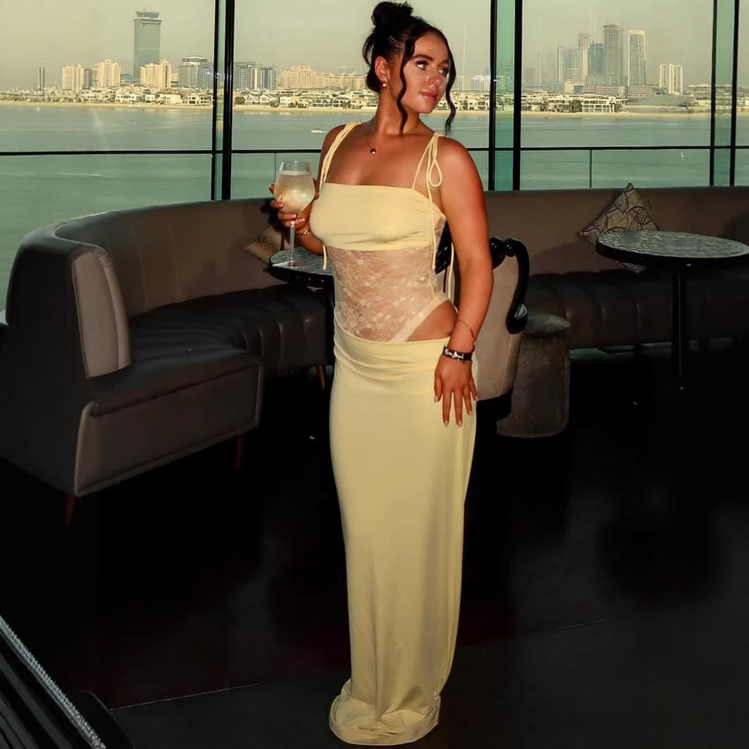 Damen elegantes langes Kleid mit raffiniertem Spitzenoberteil und verstellbaren Trägern Drune