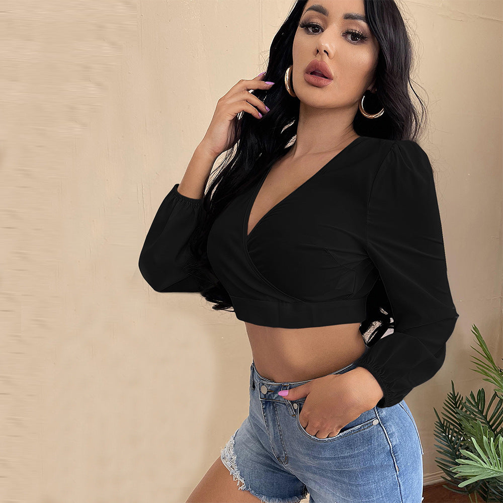 Damen cropped Oberteil mit tiefem V-Ausschnitt und eleganten Puffärmeln Drune