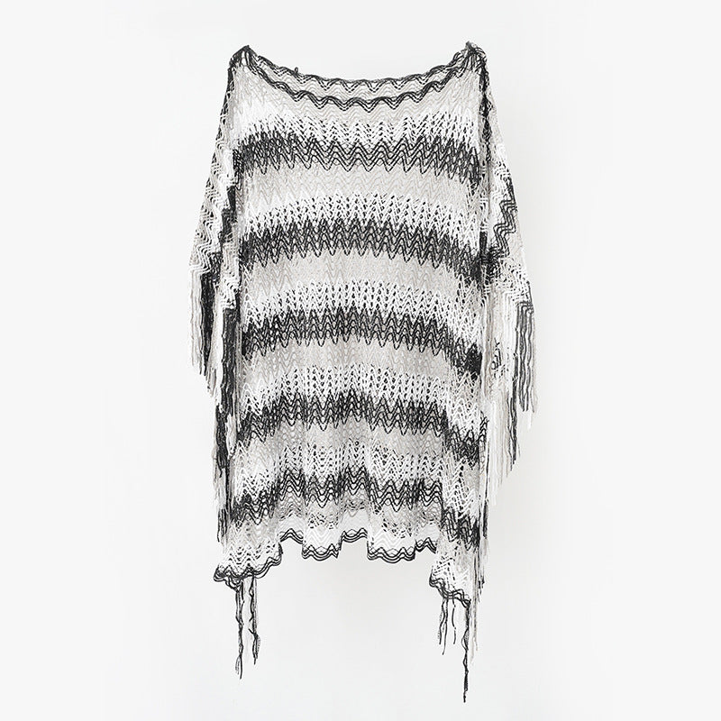 Damen Leichter Makramee‑Netzponcho mit langen Fransen Drune