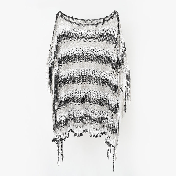 Damen Leichter Makramee‑Netzponcho mit langen Fransen Drune