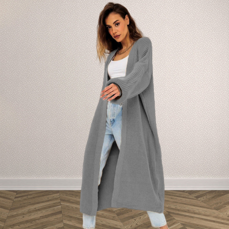 Damen Langer Strickcardigan mit offenem Design und weiten Ärmeln Drune