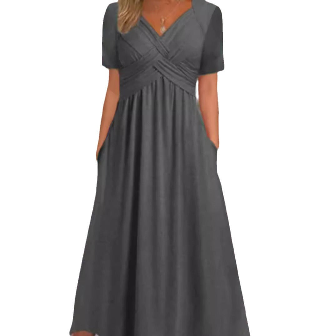 Damen nan luftiges V-Ausschnitt Midikleid mit überkreuzter Brustpartie, kurzen Ärmeln und Eingrifftaschen Drune