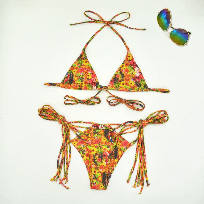 Damen Triangel-Bikini mit verstellbaren Riemen und fröhlichem Blumenmuster Drune