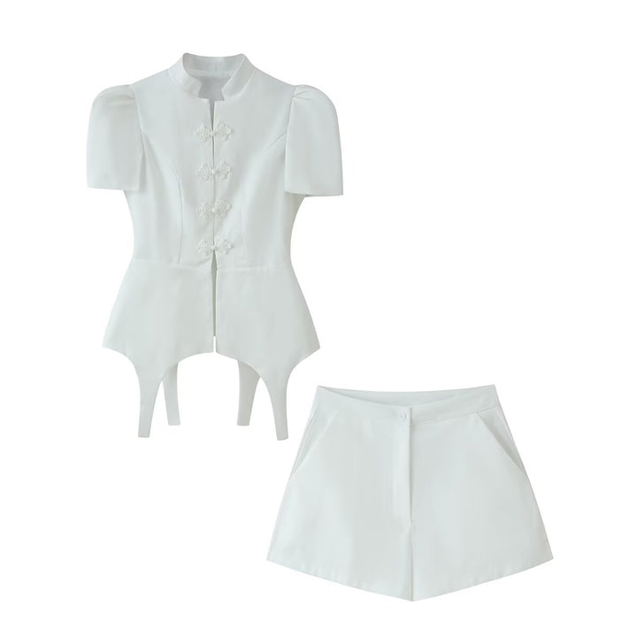 Damen Taillierter Zweiteiler mit Korsagen-Top, Mandarin-Kragen und High‑Waist Tailored Shorts Drune