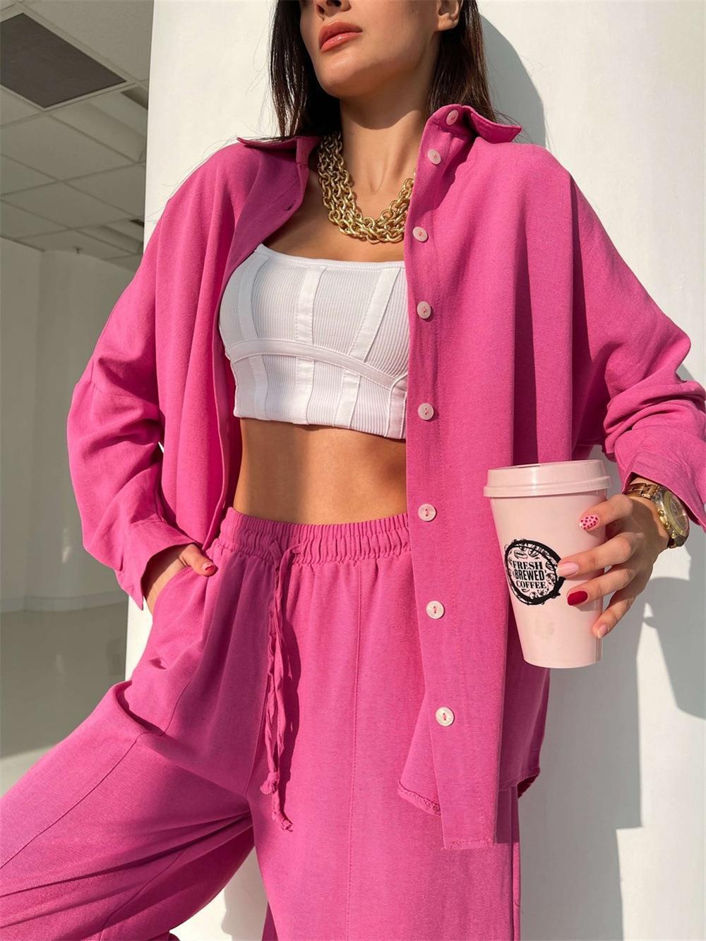 Damen lässiges Sommeroutfit mit übergroßer Bluse und weiten Hosen Drune