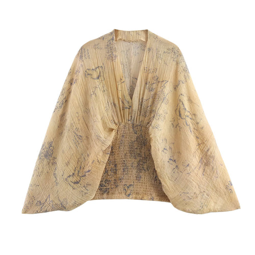 Damen 1000+ leichtes Cropped Kimono‑Top mit Smockbund und tiefem V‑Ausschnitt Drune