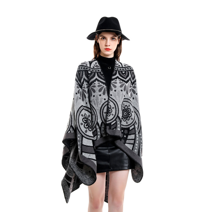 Damen Wollmix-Umhangponcho mit ornamentaler Jacquardstruktur und offenem Fall Drune