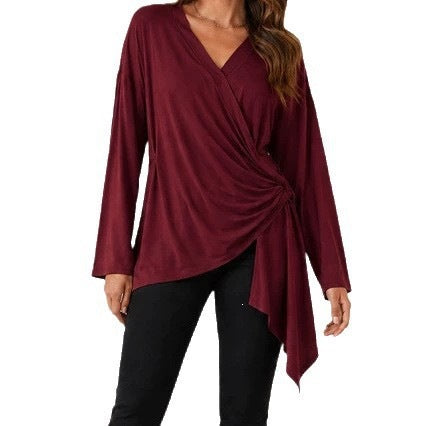 Damen Wickelshirt mit seitlicher Knotenpartie, V‑Ausschnitt und asymmetrischem Saum Drune