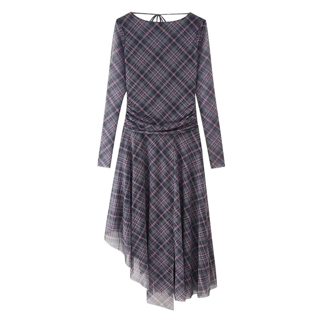 Damen nan asymmetrisches Midikleid mit Karomuster, geraffter Taille und schwingendem Stufenrock Drune