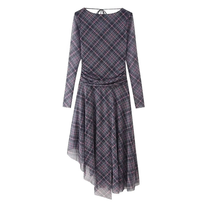 Damen nan asymmetrisches Midikleid mit Karomuster, geraffter Taille und schwingendem Stufenrock Drune