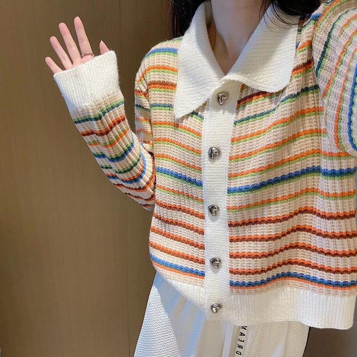 Damen gestreifte Strickjacke mit modischem Kragen und glanzvollen Knöpfen Drune