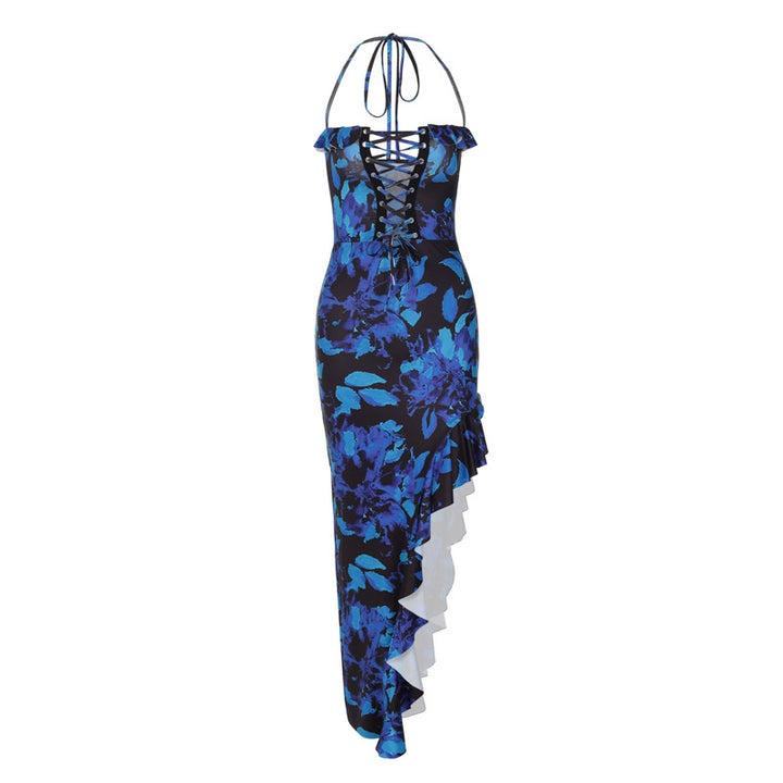Damen Boho Maxikleid mit floralem Print und Schnürung Drune