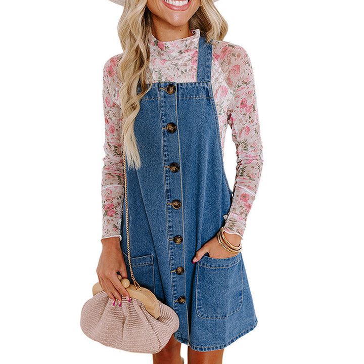 Damen Jeans-Latzkleid mit praktischen Taschen und Knopfdetails Drune