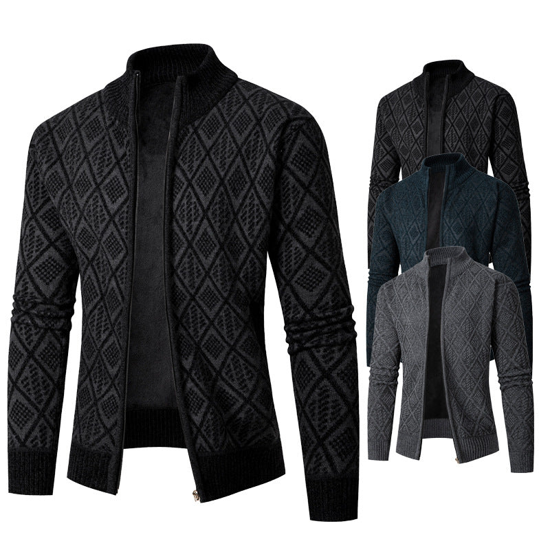 Herren Strickzipjacke mit Diamantjacquard, Stehkragen und Zweiwege-Reißverschluss Drune