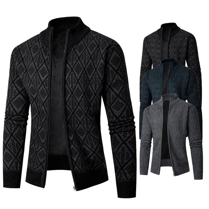 Herren Strickzipjacke mit Diamantjacquard, Stehkragen und Zweiwege-Reißverschluss Drune