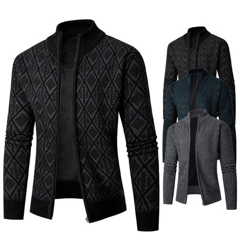 Herren Strickzipjacke mit Diamantjacquard, Stehkragen und Zweiwege-Reißverschluss Drune