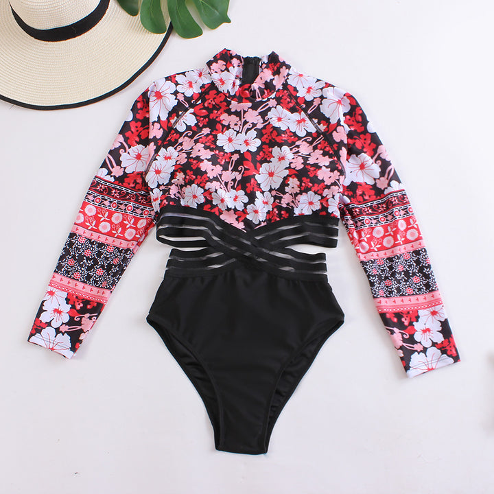 Damen Sportlicher Langarm-Badeanzug mit floralem Design Drune