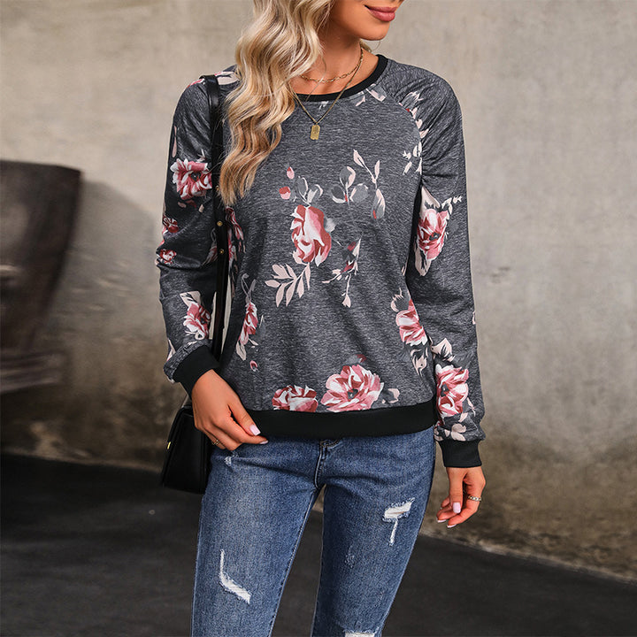 Damen Lässiges Raglan-Sweatshirt mit floralem Print und Rippbündchen Drune