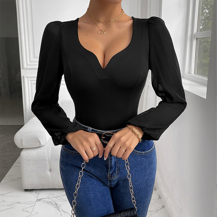 Damen Eleganter Bodys mit V-Ausschnitt und Puffärmeln Drune