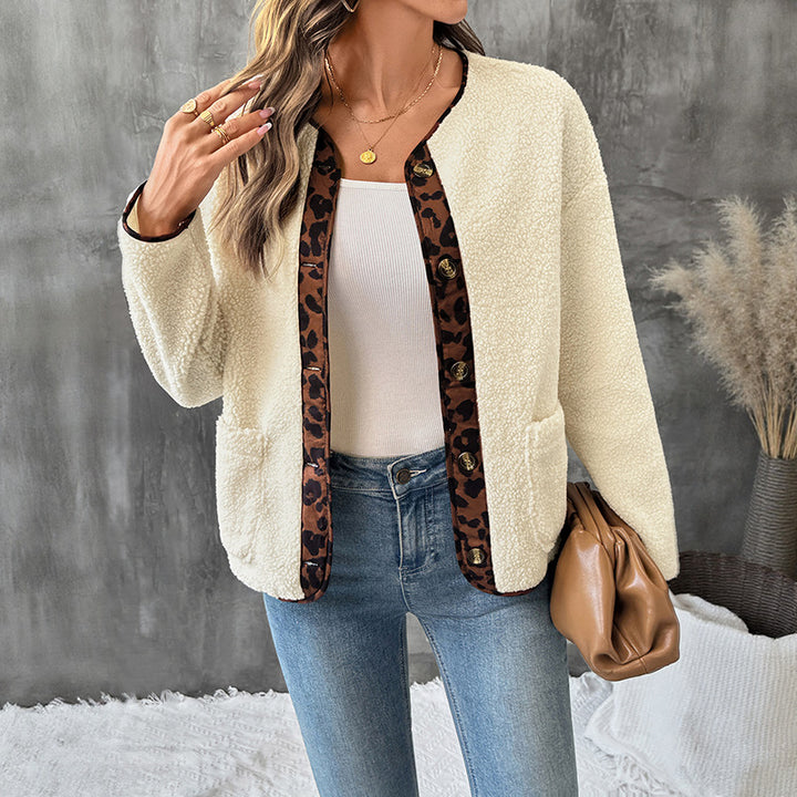 Damen Gemütlicher Teddy-Blazer mit Leopardenmuster Drune
