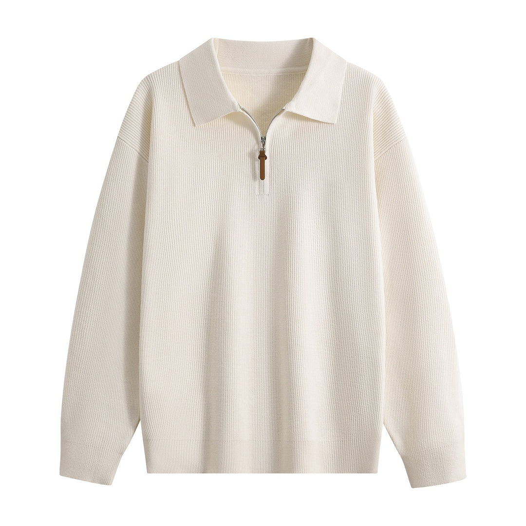 Damen Oversize Rippstrick-Pullover mit Polokragen & Kurz‑Zip Drune