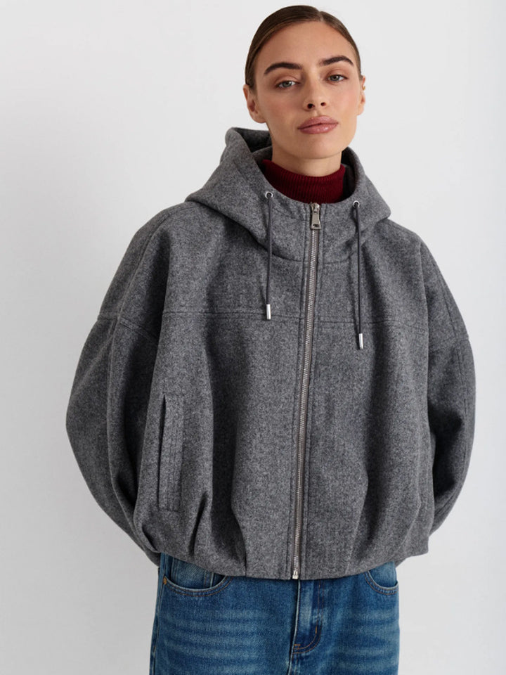 Damen Kurzjacke aus Wollmix mit Kapuze, kastiger Boxy‑Silhouette & gerafftem Saum Drune