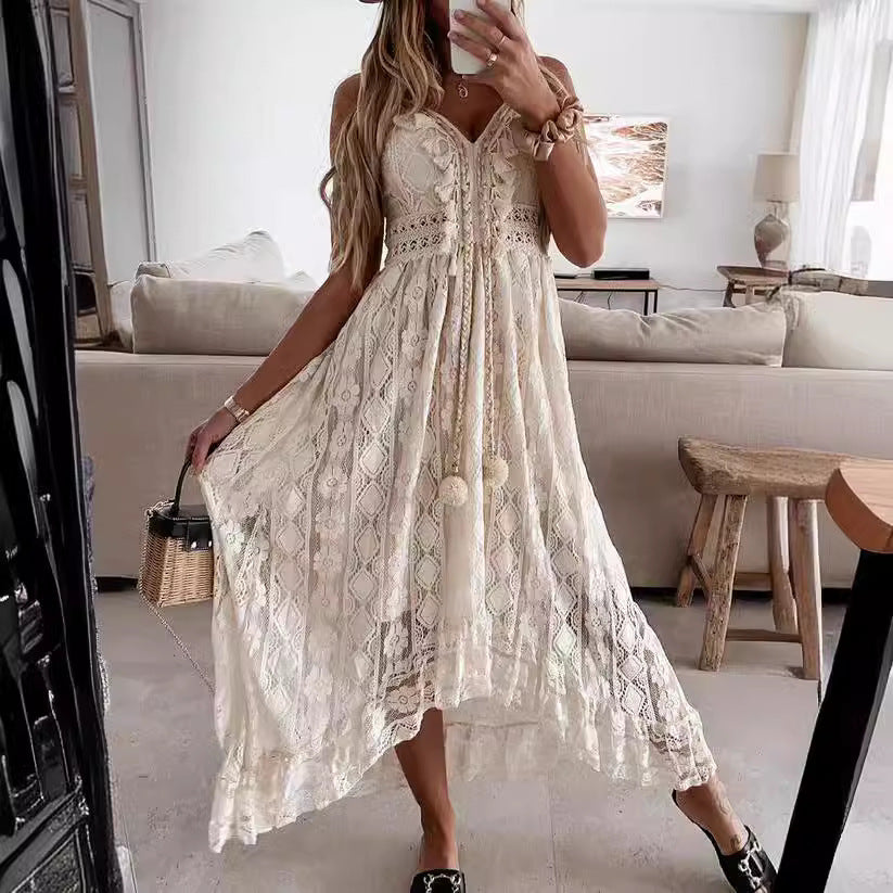 Damen Spitzen Maxi-Kleid mit zarten Häkel- und Rüschendetails Drune