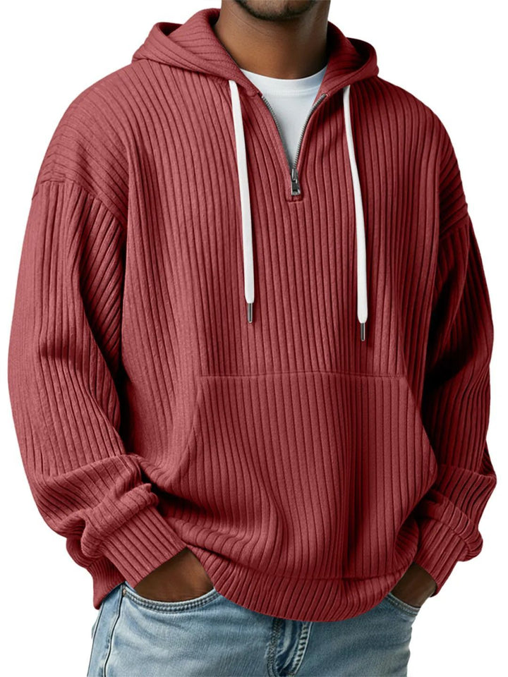 Herren gerippter Halfzip-Hoodie mit Kapuze, Kängurutasche und oversized Casual-Schnitt Drune