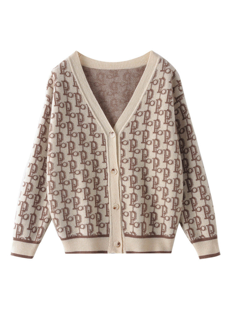Damen Gemusterter Jacquard-Strickcardigan mit V-Ausschnitt und Perlmuttknöpfen Drune