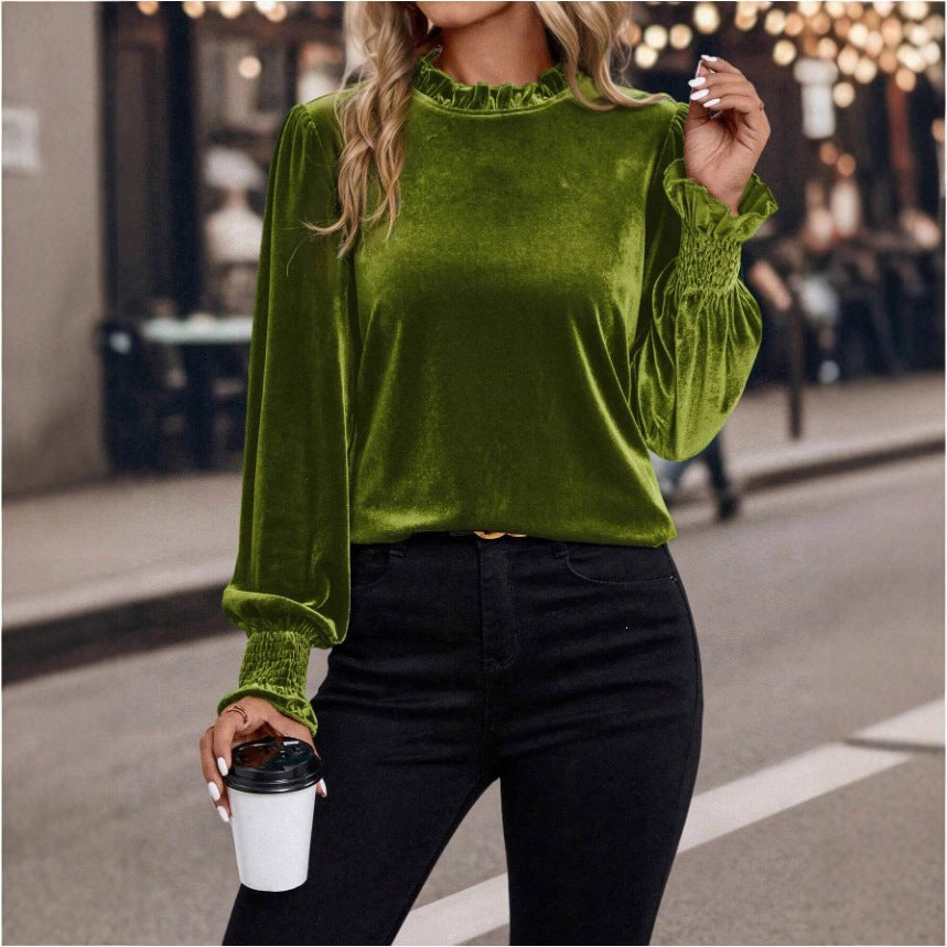 Damen Samtbluse mit Rüschenkragen, Ballonärmeln und Stretch-Smock-Bündchen Drune