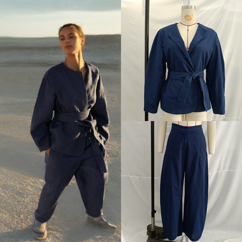 Damen Kurzblazer im Kimono‑Stil mit Bindegürtel und kastiger Silhouette Drune
