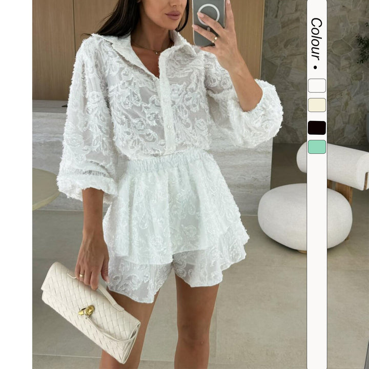 Damen Blusen-Kleid mit floraler Spitze und schwingendem Rock Drune