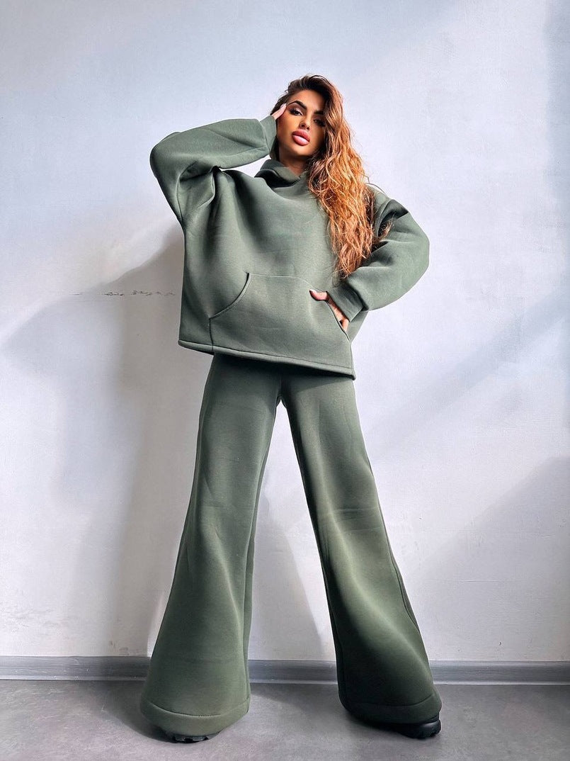 Damen Scuba-Fleece Lounge-Set mit Oversize-Kapuzenpullover und weiter Flare-Hose Drune