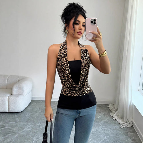 Damen Ärmelloses Neckholder-Wickel-Top mit Drapierter Front und Metallring Drune