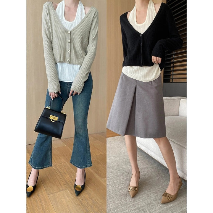 Damen lässige Strickjacke mit V-Ausschnitt und Knopfdetails Drune