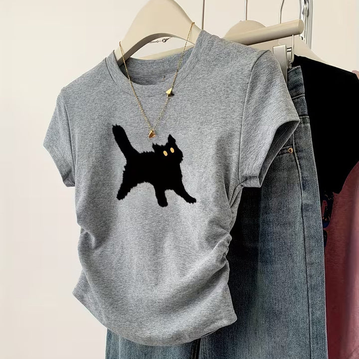 Damen T-Shirt mit kreativem Katzenmotiv und lässigem Schnitt Drune