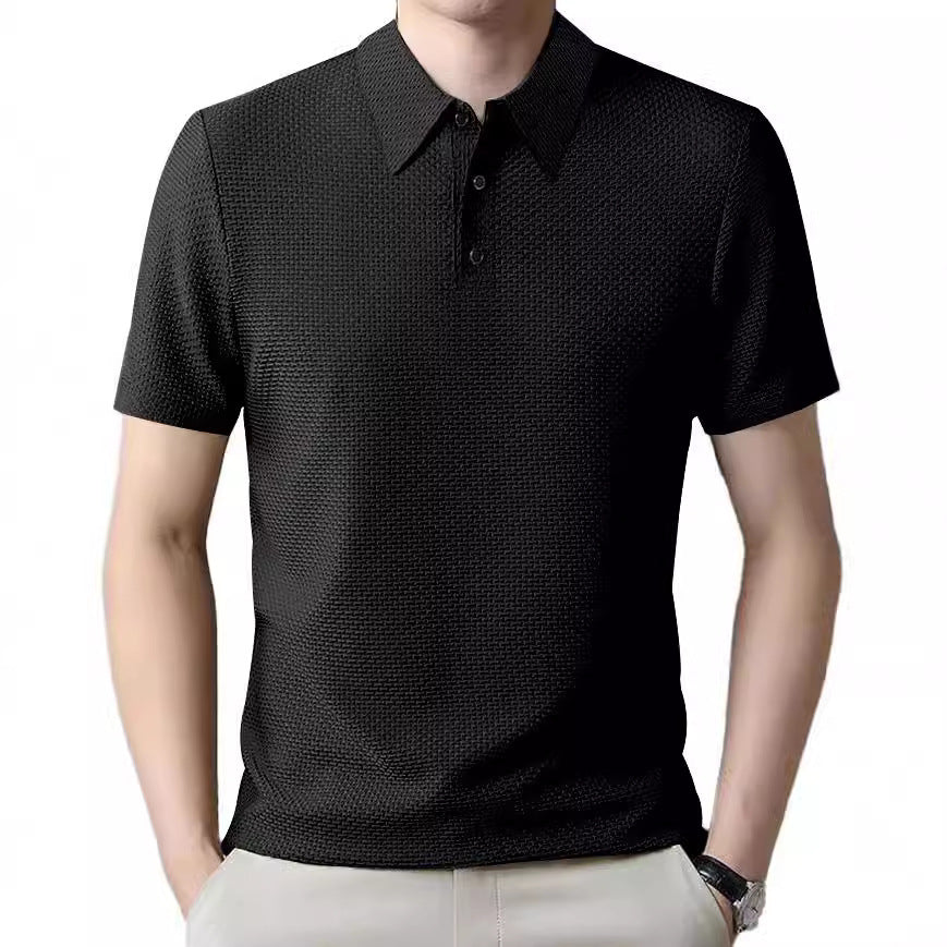 Herren nan strukturiertes Kurzarm-Polo mit spitzem Hemdkragen und Dreiknopfblende Drune