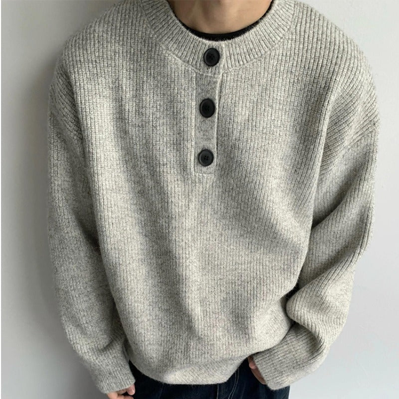Herren Oversized Strickpullover mit Dreiknopf-Henleypasse Drune