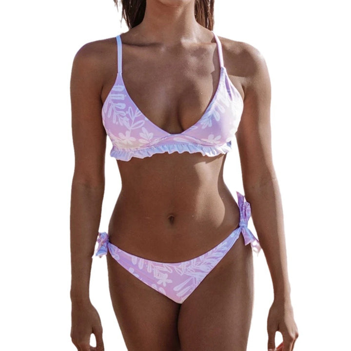 Damen Triangel-Bikini mit verspielten Rüschendetails und floralem Druck Drune