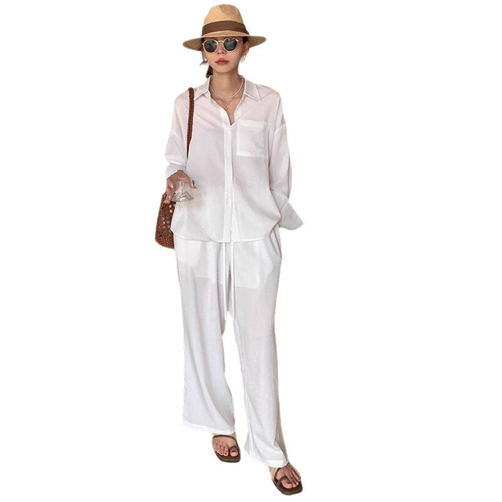 Damen Zweiteiliges Leichtes Loungewear-Set mit Oversize-Hemd und weiter Kordelbund-Hose Drune