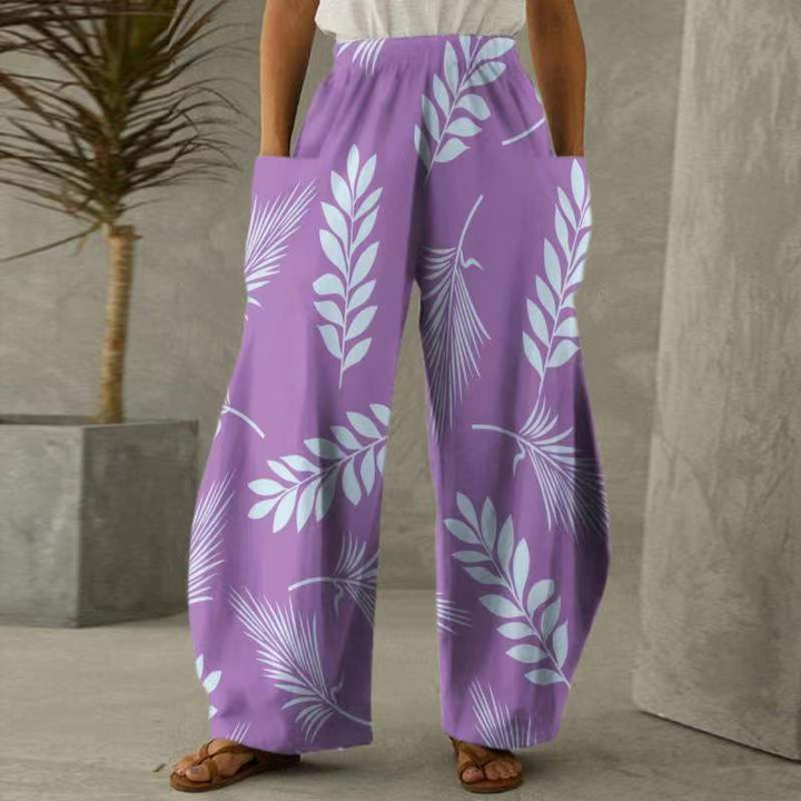 Damen Weite Blumen-Hosen mit Taschen und elastischem Bund Drune
