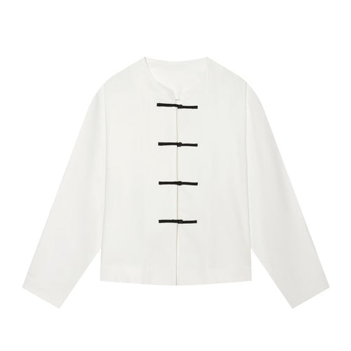 Damen Boxy-Jacke mit Mandarin-Kragen und dekorativen Knotenverschlüssen Drune