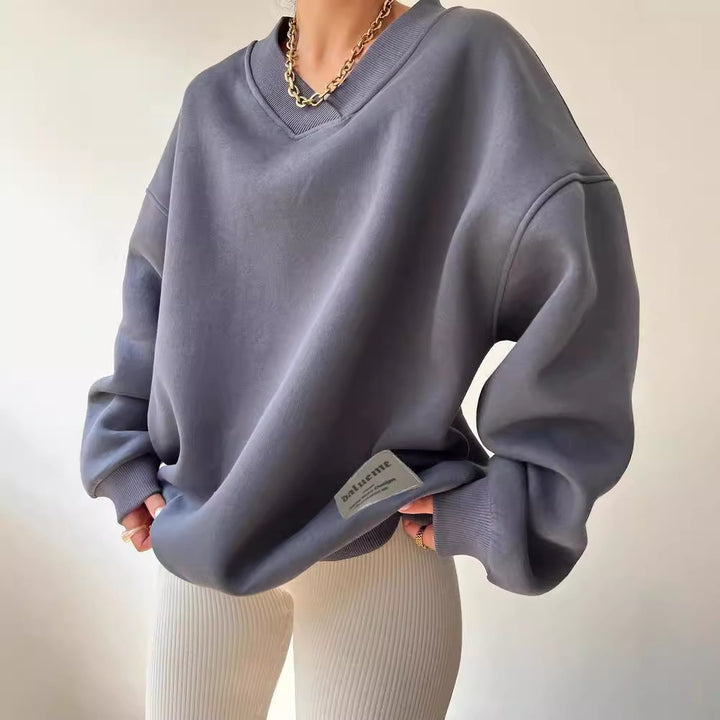 Damen Oversized Sweatshirt mit V-Ausschnitt und geripptem Kragen Drune