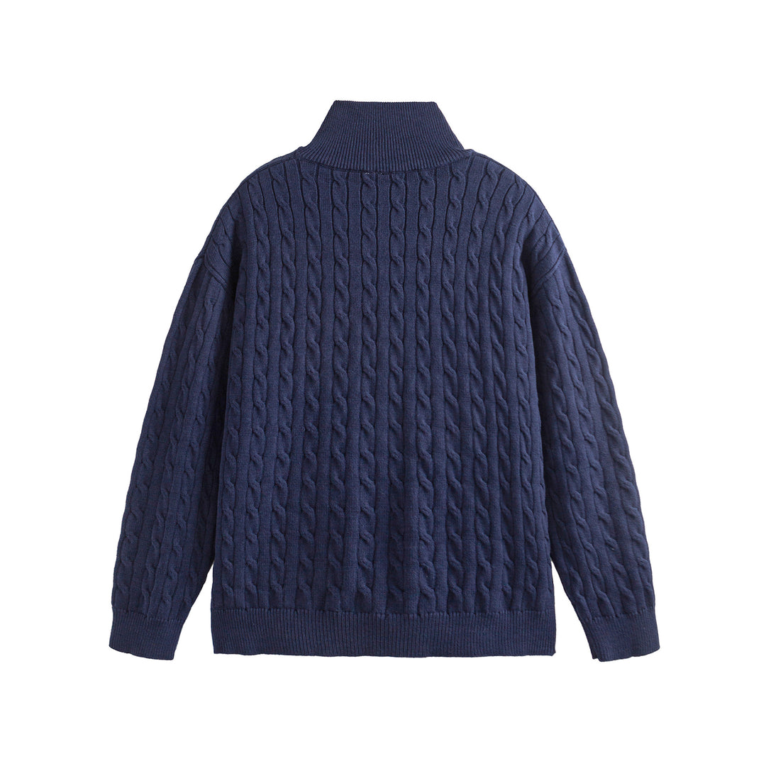 Unisex Grobgestrickter Zopfmuster-Pullover mit Halbzip und hohem Rippkragen Drune