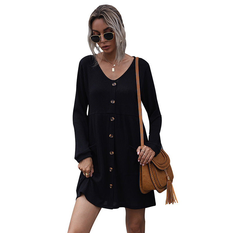 Damen Strick-Kurzkleid mit V‑Ausschnitt, Knopfleiste und Eingrifftaschen Drune