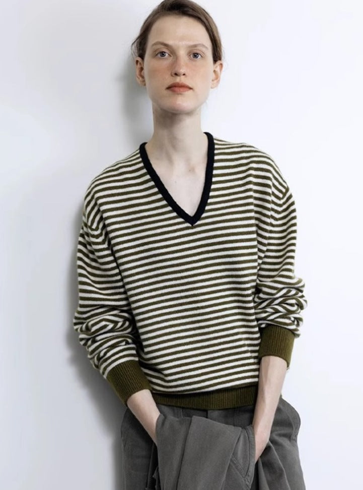 Damen gestreifter V-Ausschnitt Pullover Drune