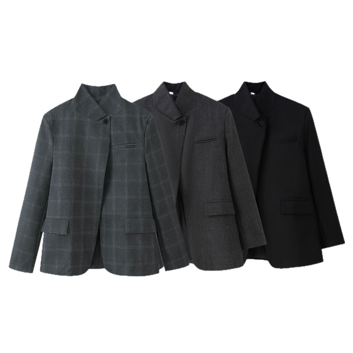 Damen Oversized-Blazer im Boxy-Schnitt mit asymmetrischem Stehkragen und verdeckter Knopfleiste Drune